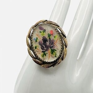 Vintage Signed Whiting & Davis Floral‎ Gold Ring Flowers Cross Stitch Sz 6.5